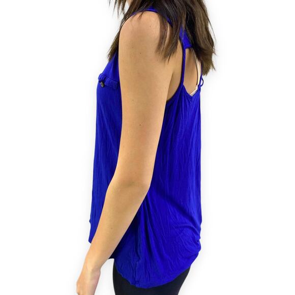 E&M Blue Sleeveless Scoop Neck Lattice Back Tank Top Blouse - Picture 2 of 6